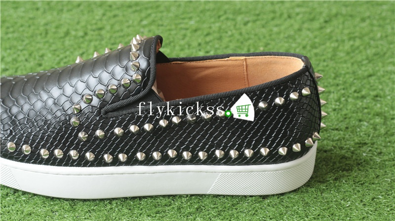 Christian Louboutin Low Spikes Python Leather Pik Boat Flat Black Casual Shoes White Rivets